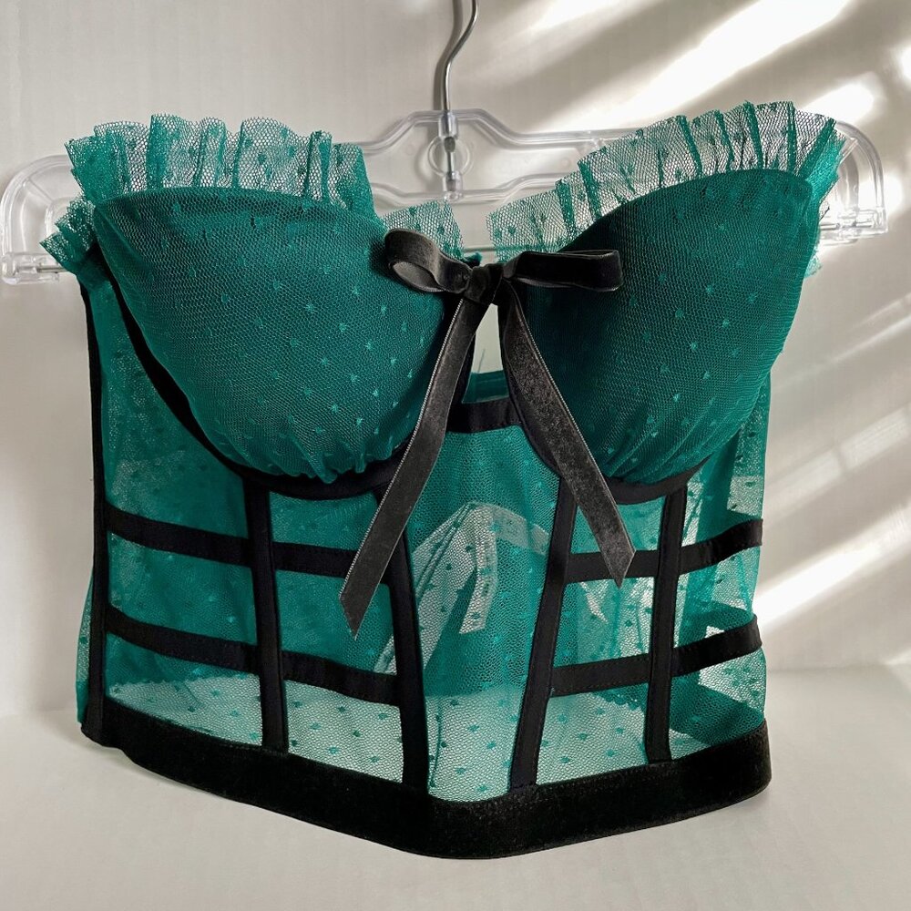 Victoria Secret Bra 32C Dream Angels Bustier Long Line Green Black Boned Ruffle